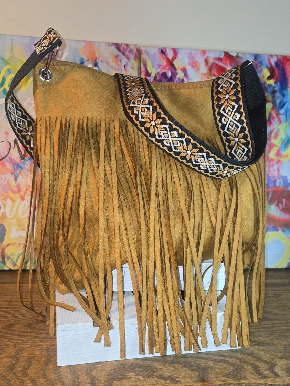 Suede Fringe Crossbody Shoulder Bag with Embroidered Strap